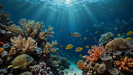 Wall Mural - Colorful Fish and Coral Reefs Underwater