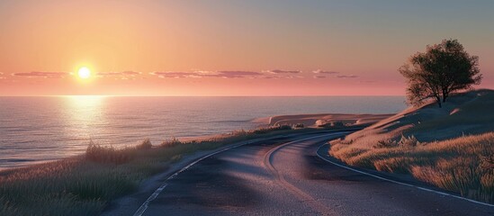 Poster - road and sea in sunset time. copy space image. place for adding text and design