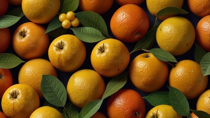 Wall Mural - Close-up of assorted citrus fruits with green leaves