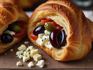 Wall Mural - Croissant sandwich with feta cheese, tomatoes, and olives