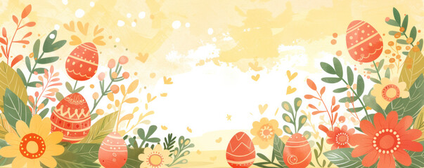 Poster - A colorful painting of a field of flowers with a large number of eggs scattered throughout. The painting has a cheerful and playful mood, with the eggs adding a sense of whimsy and fun to the scene