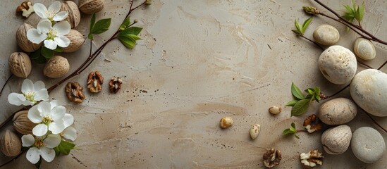 Poster - A flower branch, walnuts and some stones with brown minimal scene. Copy space image. Place for adding text and design