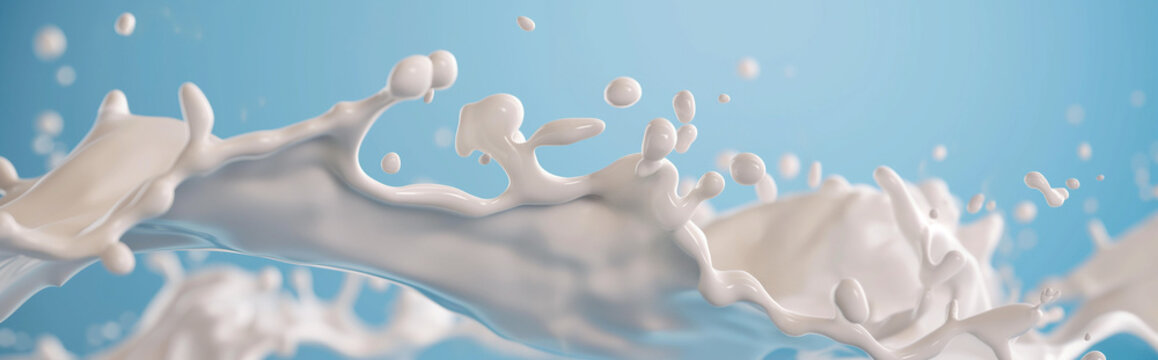 Milk splash isolated on a blue background with a clipping path, cosmetic product design banner, photorealistic. With teared milk splashes in the air, flying white drops of milk isolated on a blue ba