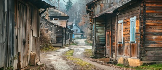 Wall Mural - Old traditional vintage timber buildings in the village . Copy space image. Place for adding text and design