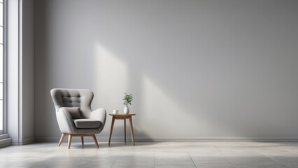 Wall Mural - Interior home of living room with grey armchair and table on white wall copy space