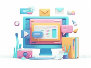 Poster - An illustration for 3D project management concept, the design of a product, the development of a communication strategy, the development of a CMS, and the development of a web interface.