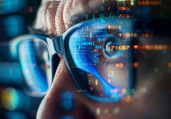 Poster - A close-up illustration of a man looking at a chart graph on a computer screen in a data center.