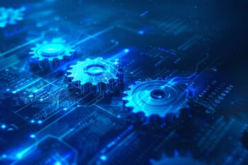 Fototapete - On the abstract background of the technology, you can see Process Management, Optimizing Operations, Fixing Strategies, Transmission Gears Wheel, Status of Software Updates, Cog Gear Wheel.