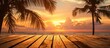 © Ilgun - Empty wooden table with golden sky background and coconut tree silhouette. Copy space image. Place for adding text or design