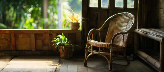 Poster - A bamboo chair in the corner of a country home. Copy space image. Place for adding text and design
