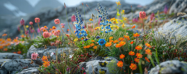Wall Mural - Alpine wildflowers clinging to rocky slopes, delicate blooms, mountain flora, rugged beauty.