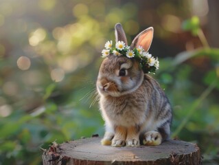 Wall Mural - A rabbit with a flower crown on its head is sitting on a log