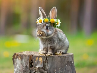 Wall Mural - A rabbit wearing a flower crown sits on a log