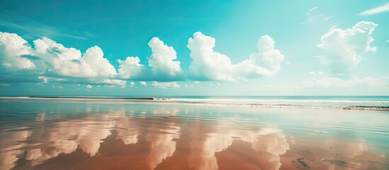 Poster - Colorful beach sea view with bright sky cloudy mirrored on sand beach. Concept for psychological and mental health benefit. Copy space image. Place for adding text and design