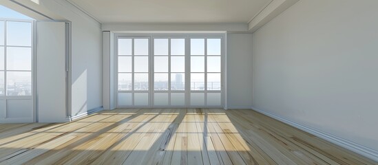 Poster - Empty bedroom with wooden floor and white walls. Copy space image. Place for adding text and design