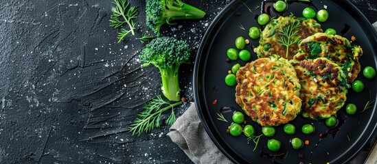 Wall Mural - Green broccoli and pea pancakes (cutlets) on black plate. Healthy vegan food concept. Copy space image. Place for adding text and design