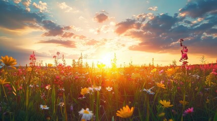 Wall Mural - Wildflower filled Meadow Field at Sunset with Cloudy Sky Background depicting Natural Weather Outlook