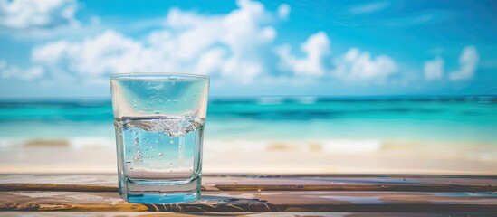 Wall Mural - Drinking water on table is beach background. Copy space image. Place for adding text and design