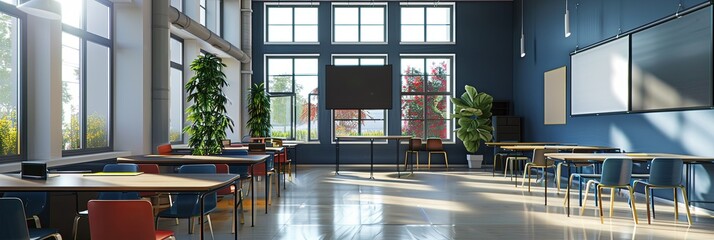 Poster - A contemporary classroom with interactive panels, natural light, and modern furniture. Generative AI