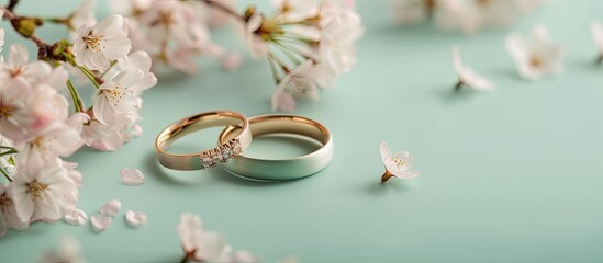 Wedding details  wedding rings pastel background  Woman. Copy space image. Place for adding text and design