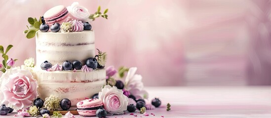 Wall Mural - Wedding cake with flowers macarons and blueberries. Copy space image. Place for adding text and design