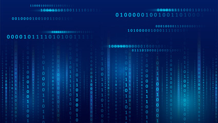 Poster - Blue background with data flow. Binary code, artificial intelligence. Program code. Computer background of numbers. Analytics, sorting, structuring, information transfer.