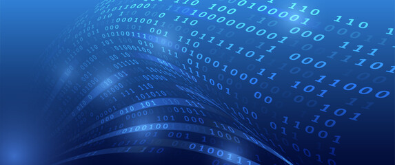 Poster - Binary code, artificial intelligence. Program code. Computer background of numbers. Analytics, sorting, structuring, information transfer. Blue background with data flow.