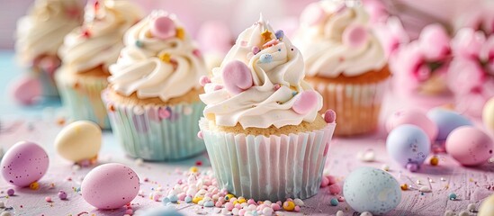 Wall Mural - Gourmet Spring Easter Cupcakes on a pastel background. Selective focus. Copy space image. Place for adding text and design