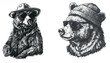 © ZinetroN - Ink costume sunglasses sketch of vintage engrave isolated black bear set in a fashion illustration. American grizzly background asian animal silhouette glasses hipster hat modern illustration.