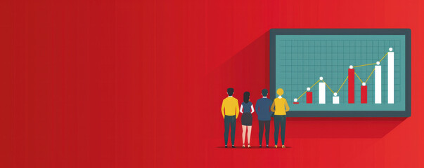 Poster - A group of people are looking at a graph on a red background. The graph shows a downward trend, which could indicate a decrease in sales or a negative outcome. The people are standing close together