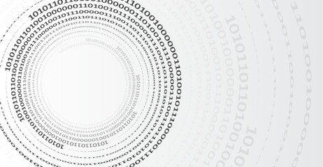 Poster - Binary code, artificial intelligence. Program code. Computer background of numbers in the form of a tunnel. Analytics, sorting, structuring, transfer of information. Gray background with a data stream