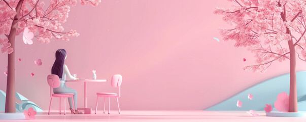 Poster - A woman sits at a table in a pink background with cherry blossoms. The scene is peaceful and serene, with the woman enjoying a moment of relaxation