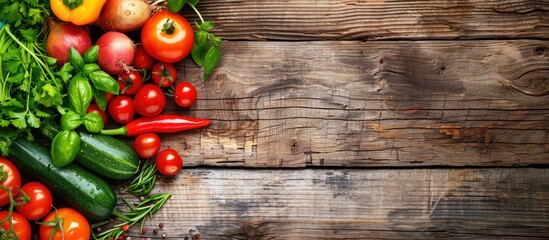 Wall Mural - Vegetables on wooden background. Bio healthy organic food, herbs and spices. Raw and vegetarian concept. Ingredients. Banner. Copy space image. Place for adding text or design