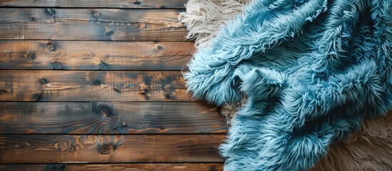 Poster - Overhead view of a fuzzy blue blanket above rug on wooden floor. Copy space image. Place for adding text and design