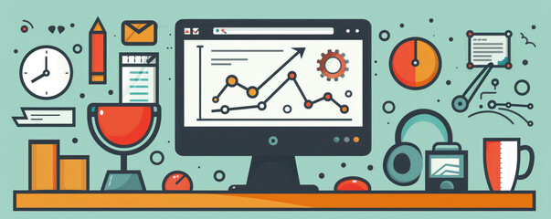Poster - A computer monitor with a graph on it and a clock on the left side. The monitor is surrounded by various office items such as a cup, a mouse, a keyboard, and a book