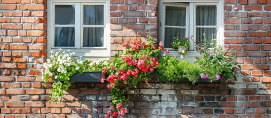 Poster - Wall brick background of home with windows space and flowers at windows. Copy space image. Place for adding text and design