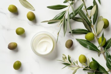 Wall Mural - Serum and moisturizing cosmetic cream with olive extract for skin with branch and olives on white table. Top view.