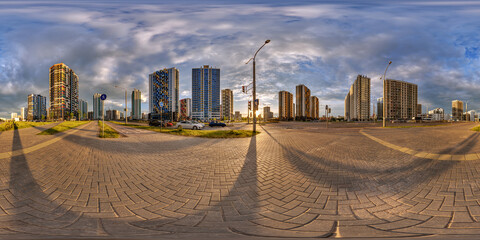 Wall Mural - hdri 360 panorama on pedestrian road near new skyscrapers and residential complex after rain and storm  before sunset in full equirectangular seamless spherical projection