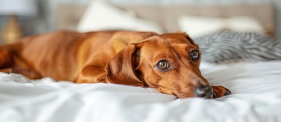 Canvas Print - Sad dachshund lying on the bed. Copy space image. Place for adding text and design