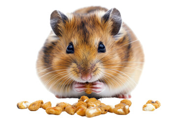 Adorable hamster with chubby cheeks eating nuts. Close-up of a cute pet rodent enjoying a snack, isolated on transparent background.