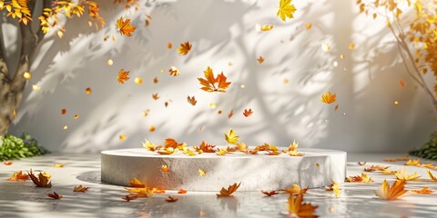 Wall Mural - A white background with a large pile of leaves on a round pedestal. The leaves are falling from the tree and are scattered all over the ground. The scene has a peaceful and serene mood