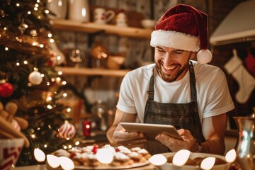 Wall Mural - Smiling man preparing a christmas dessert looking at recipe on a tablet with christmas hat and tree background with lights