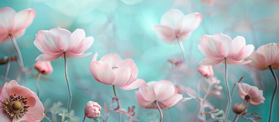 Canvas Print - Gently pink flowers of anemones outdoors in summer spring close-up on turquoise background with soft selective focus. Delicate dreamy image of beauty of nature. Copy space image