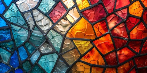 Poster - A colorful stained glass window with a blue and yellow piece in the middle. The window is made up of many small pieces of glass, creating a mosaic effect. The colors of the glass are vibrant