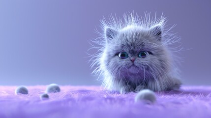 Wall Mural - A cute and fluffy white kitten is sitting on a purple carpet. The kitten has its fur standing on end, making it look like a dandelion.