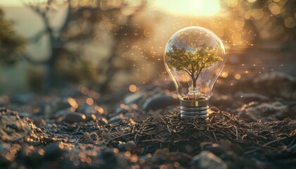 A light bulb with a tree inside, symbolizing green energy and environmental sustainability, set against a natural background at sunset.