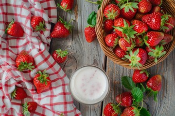 Sticker - Strawberry shake with milk in glass on wooden table with basket full of strawberries in nature. Top view.