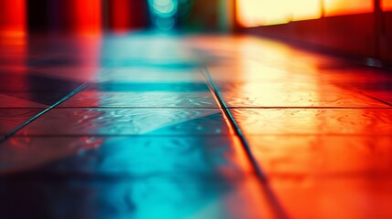 Sticker - A blurry image of a colorful tile floor with some windows, AI