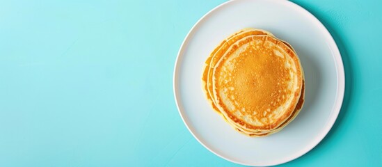 Poster - Homecook Asian pancake in white plates and isolate glass table pastel background. Copy space image. Place for adding text and design