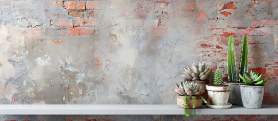 Poster - Room decoration with cactus and succulent plant on white shelf against old brick color wall. Copy space image. Place for adding text and design